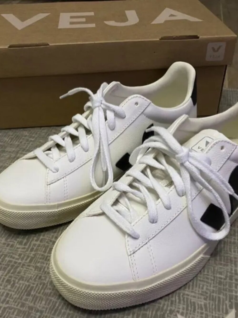VEJA Campo White Black V Logo Leather Sneakers